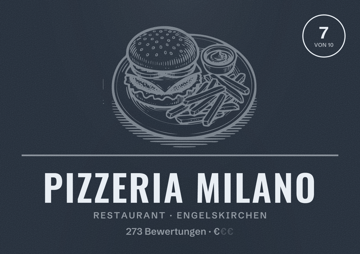 Illustriertes Poster von Pizzeria Milano, Restaurant in Engelskirchen: Bewertung 7 von 10 aus 273 Bewertungen, Preisniveau €