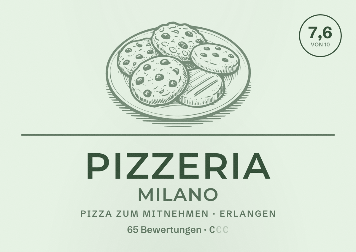 Illustriertes Poster von Pizzeria Milano, Pizza zum Mitnehmen in Erlangen: Bewertung 7,6 von 10 aus 65 Bewertungen, Preisniveau €
