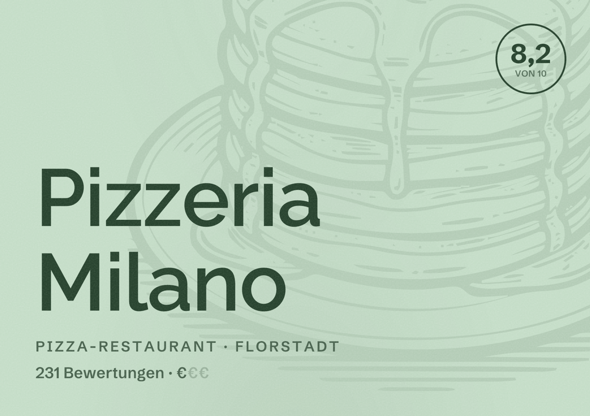 Illustriertes Poster von Pizzeria Milano, Pizza-Restaurant in Florstadt: Bewertung 8,2 von 10 aus 231 Bewertungen, Preisniveau €