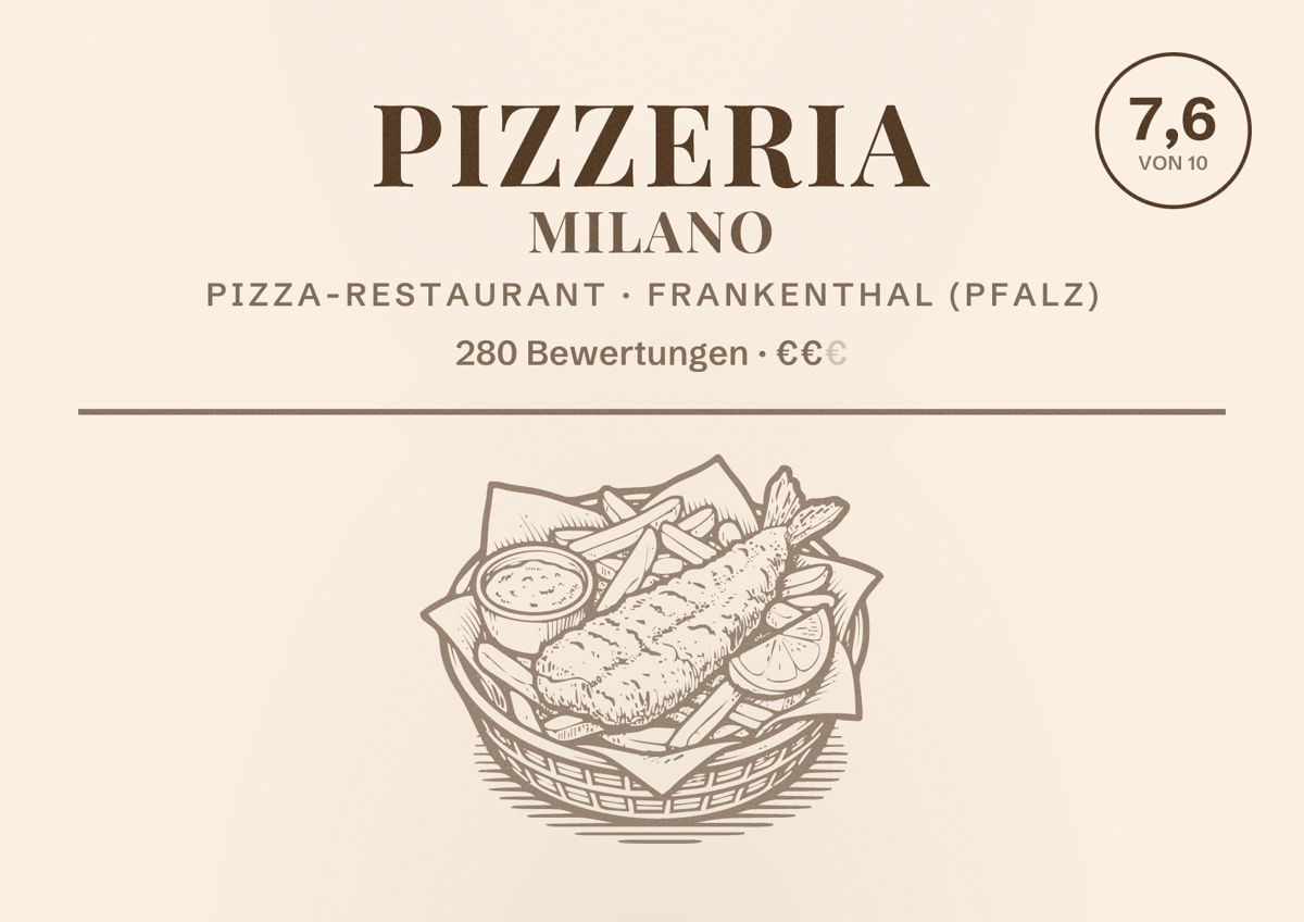 Illustriertes Poster von Pizzeria Milano, Pizza-Restaurant in Frankenthal (Pfalz): Bewertung 7,6 von 10 aus 280 Bewertungen, Preisniveau €€