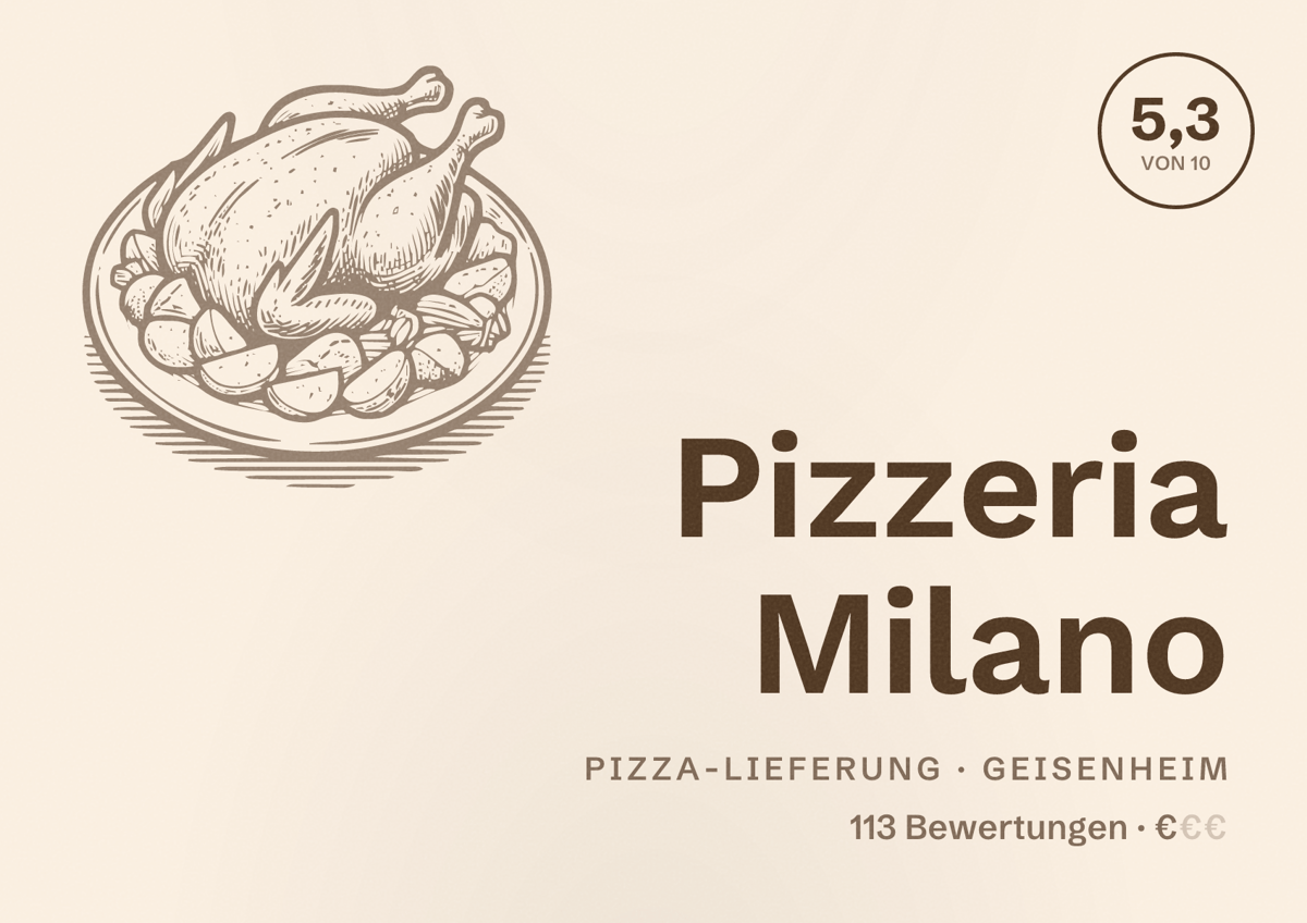 Illustriertes Poster von Pizzeria Milano, Pizza-Lieferung in Geisenheim: Bewertung 5,3 von 10 aus 113 Bewertungen, Preisniveau €