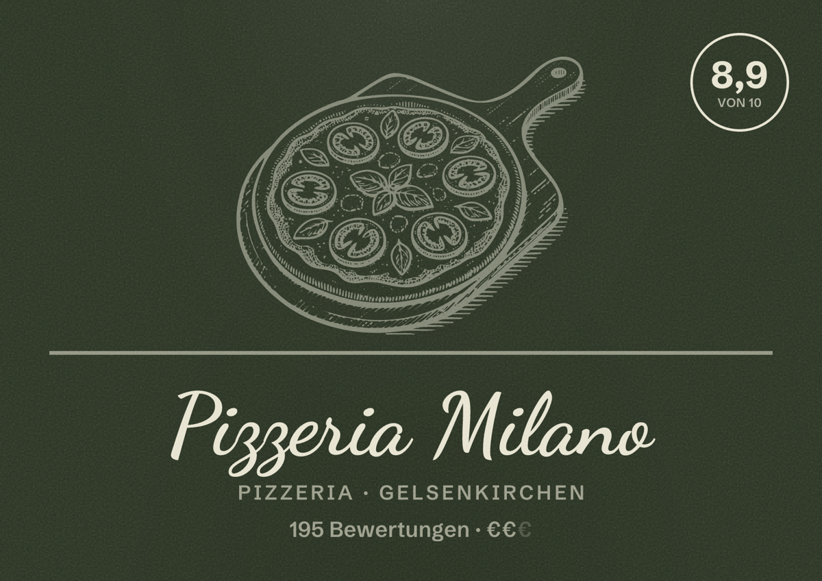 Illustriertes Poster von Pizzeria Milano, Pizzeria in Gelsenkirchen: Bewertung 8,9 von 10 aus 195 Bewertungen, Preisniveau €€