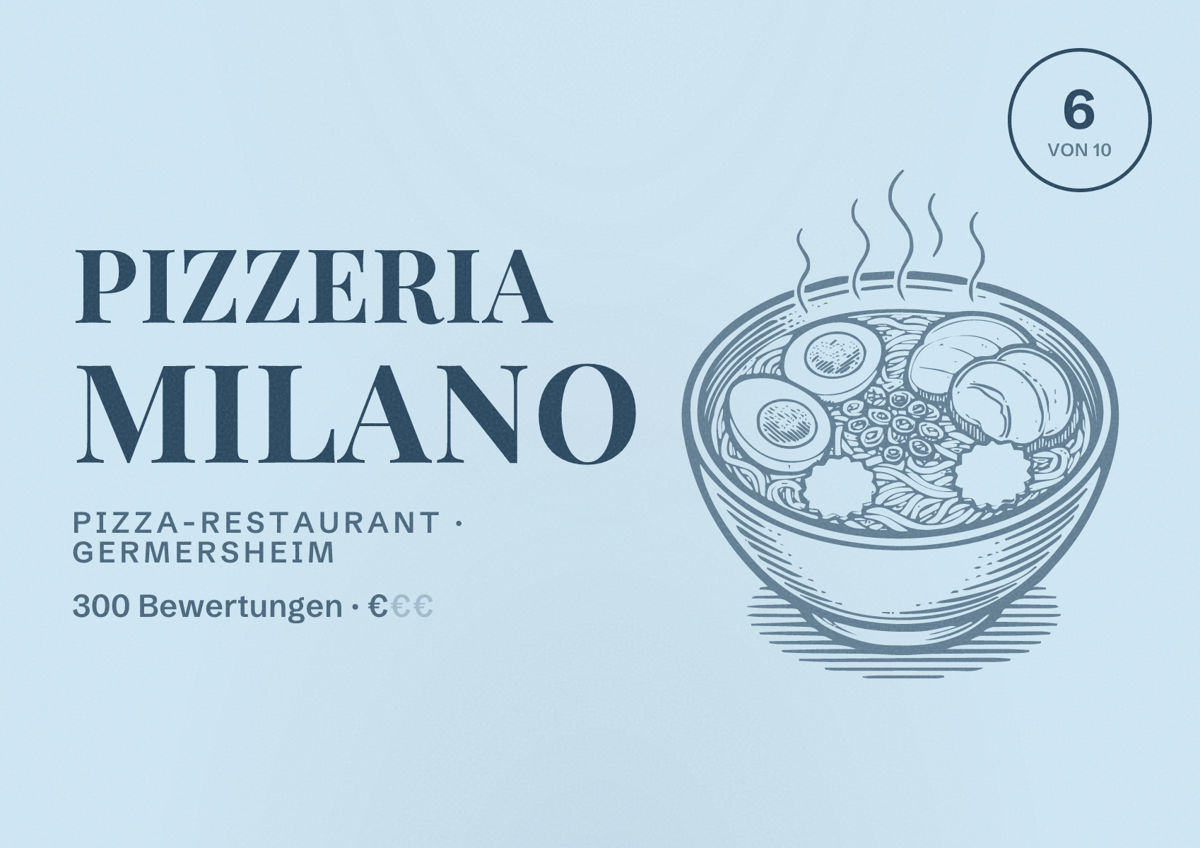 Illustriertes Poster von Pizzeria Milano, Pizza-Restaurant in Germersheim: Bewertung 6 von 10 aus 300 Bewertungen, Preisniveau €