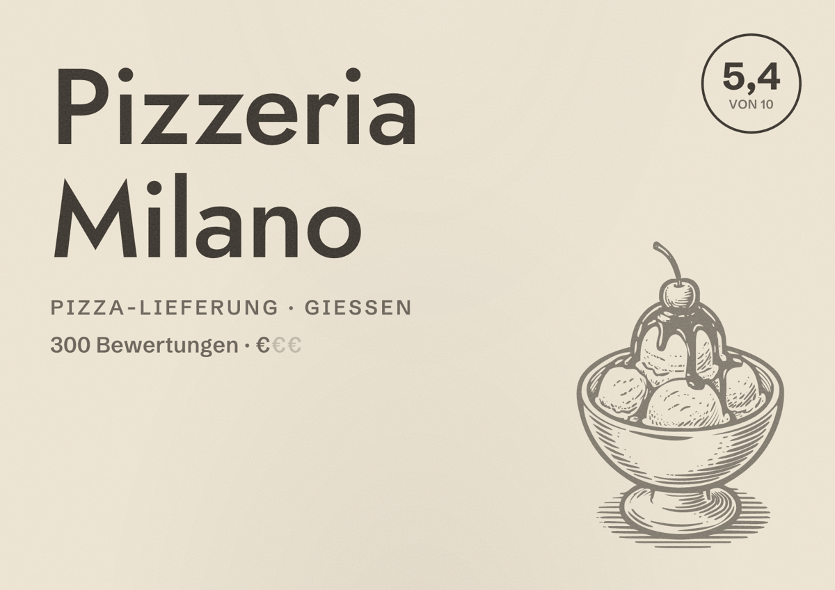 Illustriertes Poster von Pizzeria Milano, Pizza-Lieferung in Gießen: Bewertung 5,4 von 10 aus 300 Bewertungen, Preisniveau €
