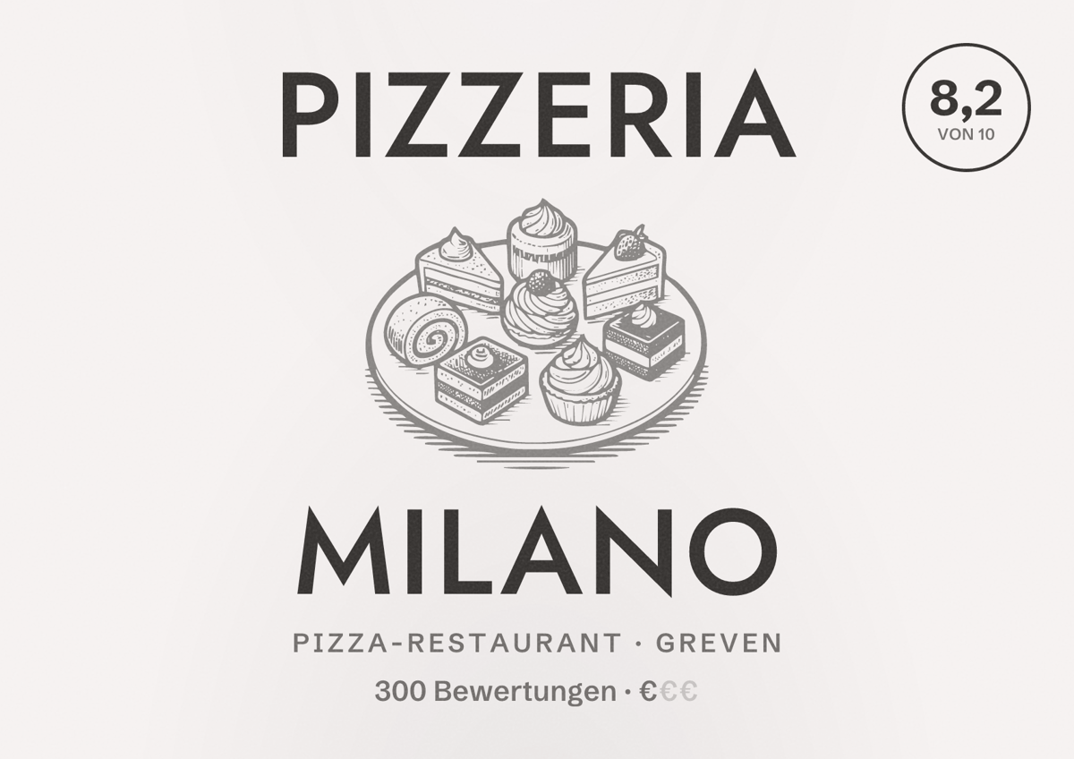 Illustriertes Poster von Pizzeria Milano, Pizza-Restaurant in Greven: Bewertung 8,2 von 10 aus 300 Bewertungen, Preisniveau €