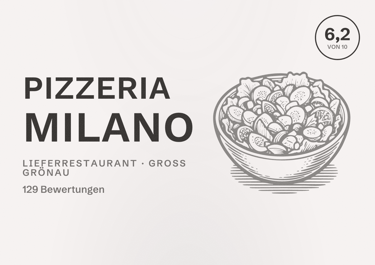 Illustriertes Poster von Pizzeria Milano, Lieferrestaurant in Groß Grönau: Bewertung 6,2 von 10 aus 129 Bewertungen