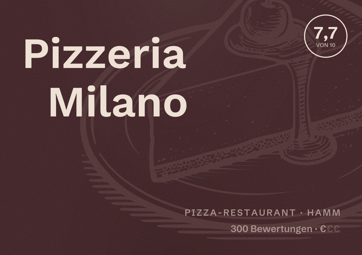 Illustriertes Poster von Pizzeria Milano, Pizza-Restaurant in Hamm: Bewertung 7,7 von 10 aus 300 Bewertungen, Preisniveau €
