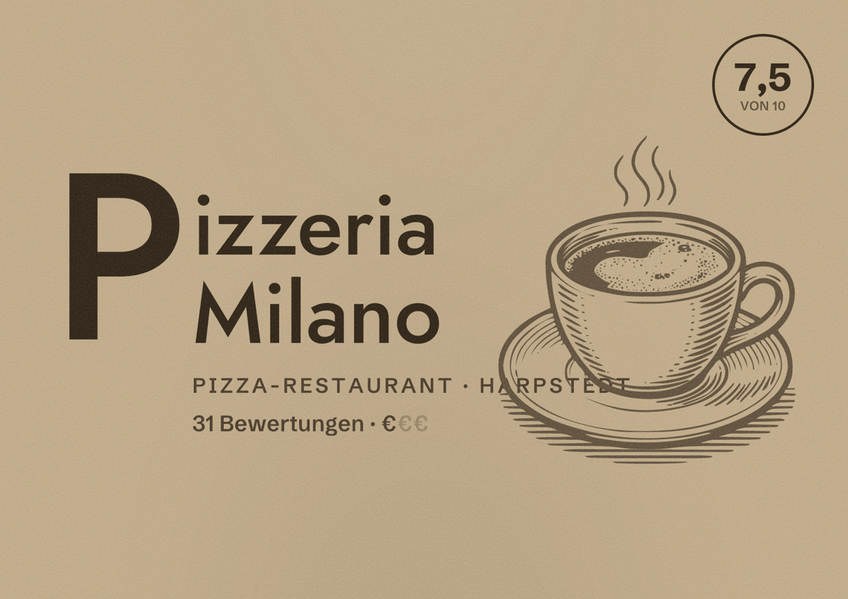 Illustriertes Poster von Pizzeria Milano, Pizza-Restaurant in Harpstedt: Bewertung 7,5 von 10 aus 31 Bewertungen, Preisniveau €