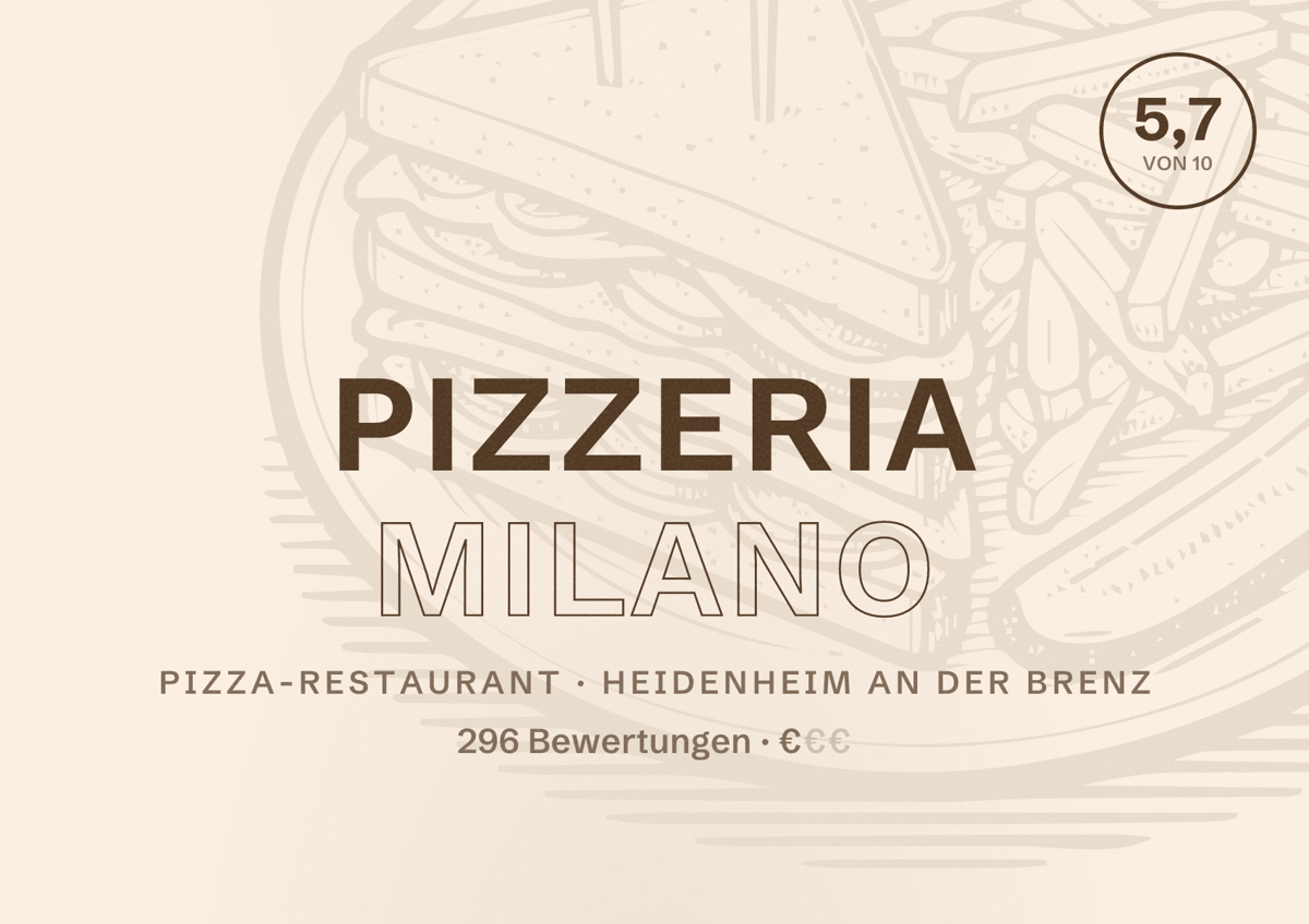 Illustriertes Poster von Pizzeria Milano, Pizza-Restaurant in Heidenheim an der Brenz: Bewertung 5,7 von 10 aus 296 Bewertungen, Preisniveau €