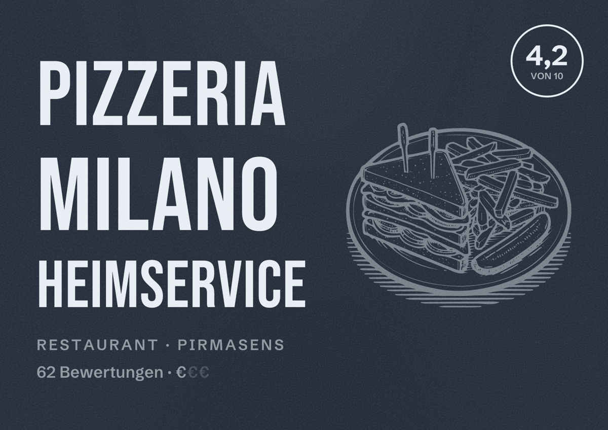 Illustriertes Poster von Pizzeria Milano Heimservice, Restaurant in Pirmasens: Bewertung 4,2 von 10 aus 62 Bewertungen, Preisniveau €