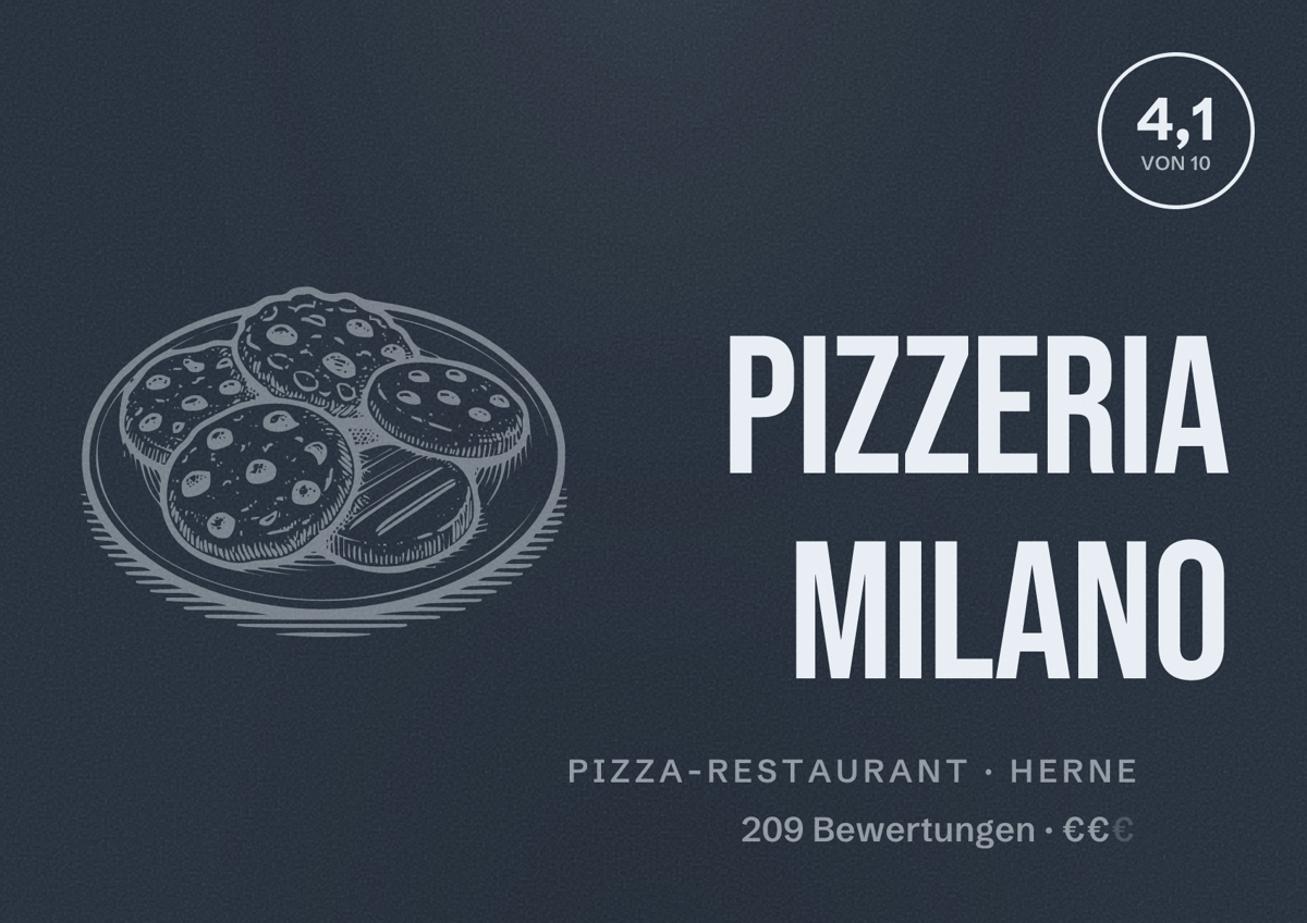 Illustriertes Poster von Pizzeria Milano, Pizza-Restaurant in Herne: Bewertung 4,1 von 10 aus 209 Bewertungen, Preisniveau €€