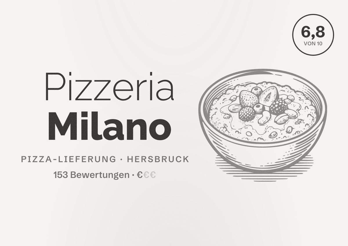 Illustriertes Poster von Pizzeria Milano, Pizza-Lieferung in Hersbruck: Bewertung 6,8 von 10 aus 153 Bewertungen, Preisniveau €