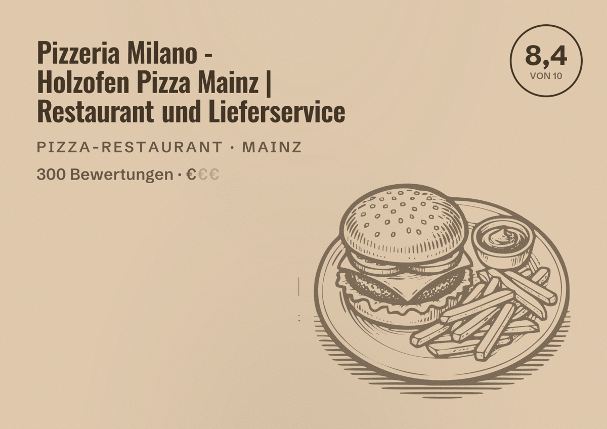 Illustriertes Poster von Pizzeria Milano - Holzofen Pizza Mainz | Restaurant und Lieferservice, Pizza-Restaurant in Mainz: Bewertung 8,4 von 10 aus 300 Bewertungen, Preisniveau €
