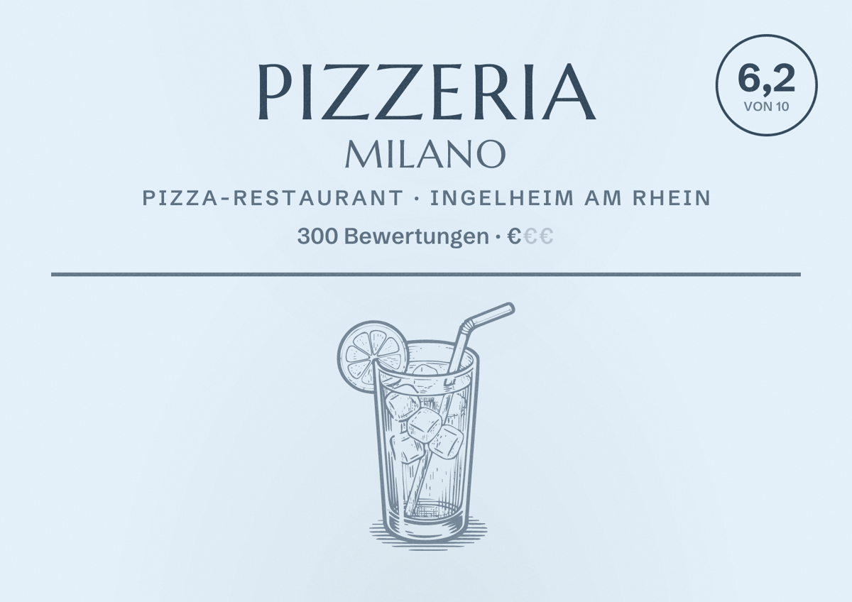 Illustriertes Poster von Pizzeria Milano, Pizza-Restaurant in Ingelheim am Rhein: Bewertung 6,2 von 10 aus 300 Bewertungen, Preisniveau €