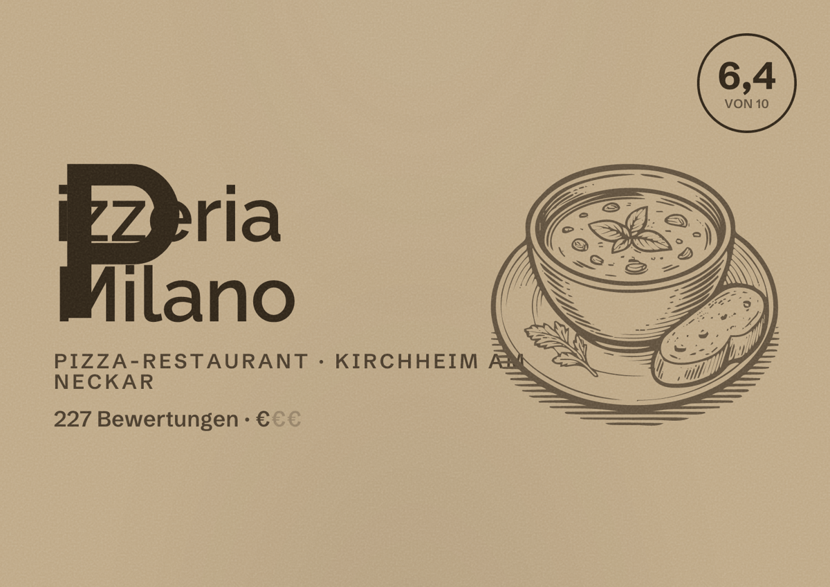 Illustriertes Poster von Pizzeria Milano, Pizza-Restaurant in Kirchheim am Neckar: Bewertung 6,4 von 10 aus 227 Bewertungen, Preisniveau €