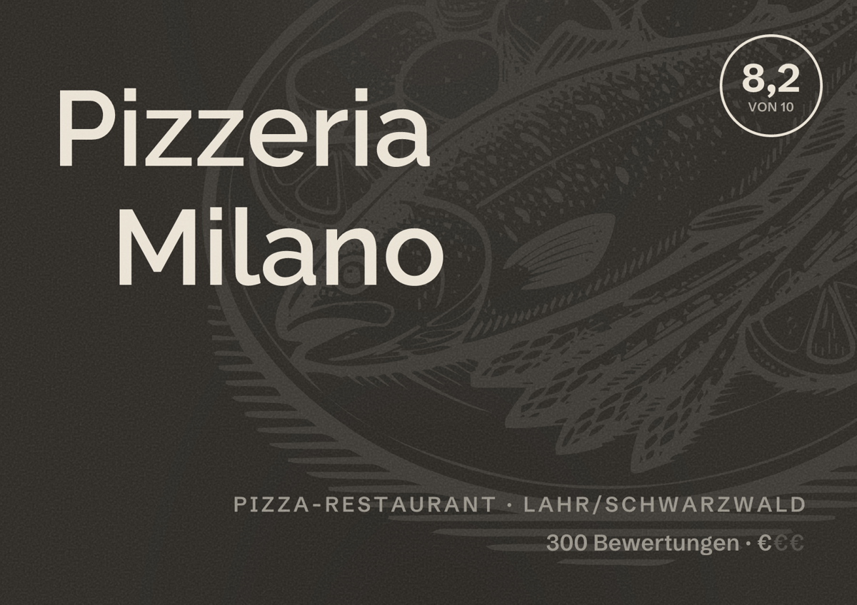 Illustriertes Poster von Pizzeria Milano, Pizza-Restaurant in Lahr/Schwarzwald: Bewertung 8,2 von 10 aus 300 Bewertungen, Preisniveau €