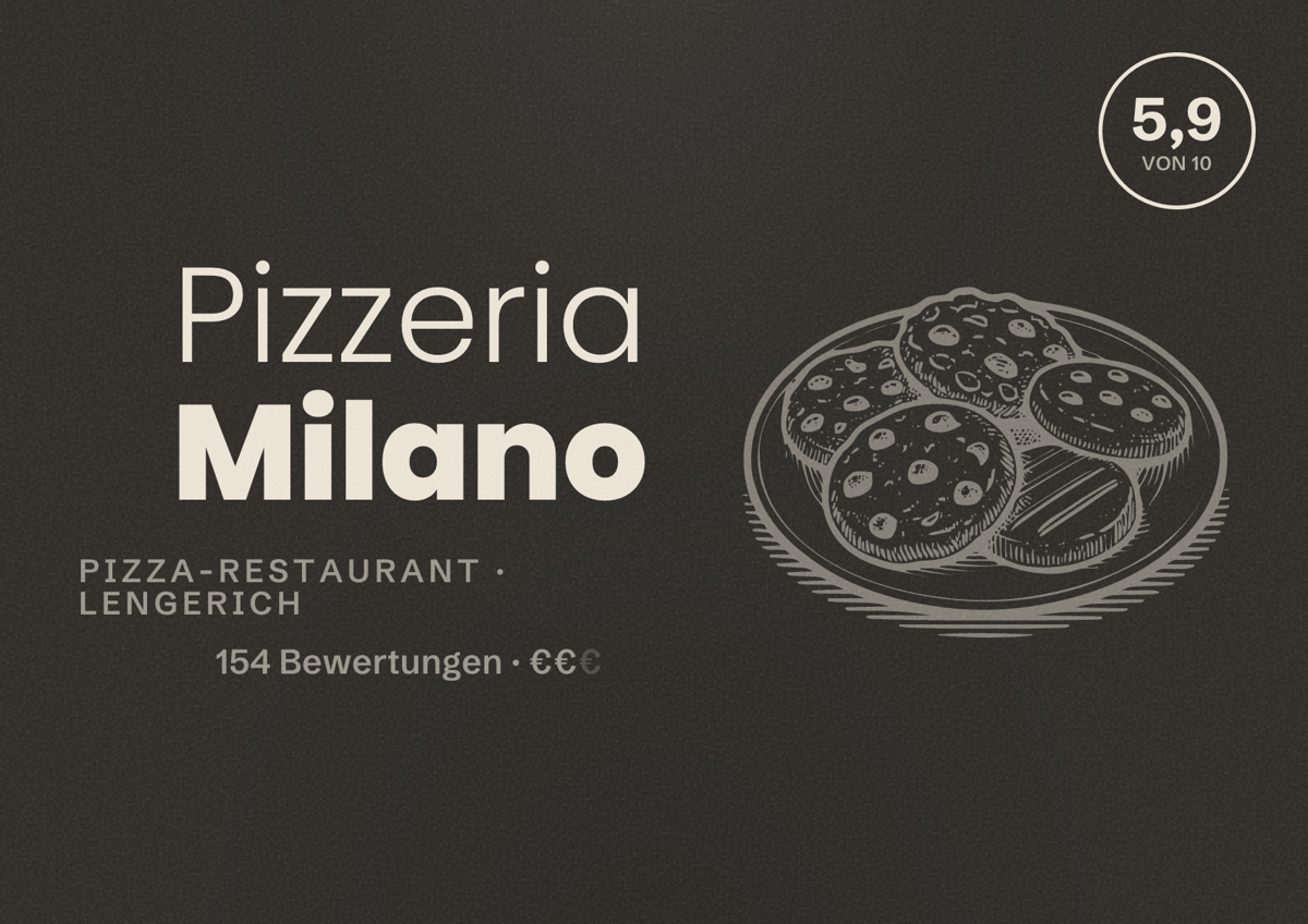 Illustriertes Poster von Pizzeria Milano, Pizza-Restaurant in Lengerich: Bewertung 5,9 von 10 aus 154 Bewertungen, Preisniveau €€
