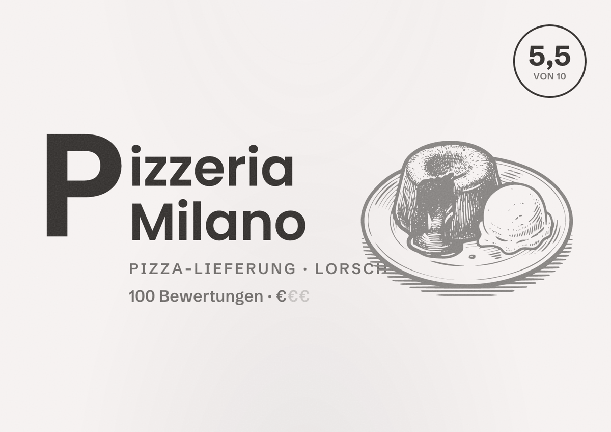 Illustriertes Poster von Pizzeria Milano, Pizza-Lieferung in Lorsch: Bewertung 5,5 von 10 aus 100 Bewertungen, Preisniveau €