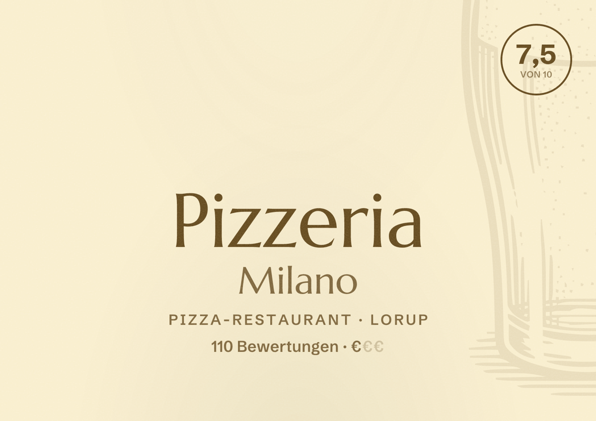 Illustriertes Poster von Pizzeria Milano, Pizza-Restaurant in Lorup: Bewertung 7,5 von 10 aus 110 Bewertungen, Preisniveau €