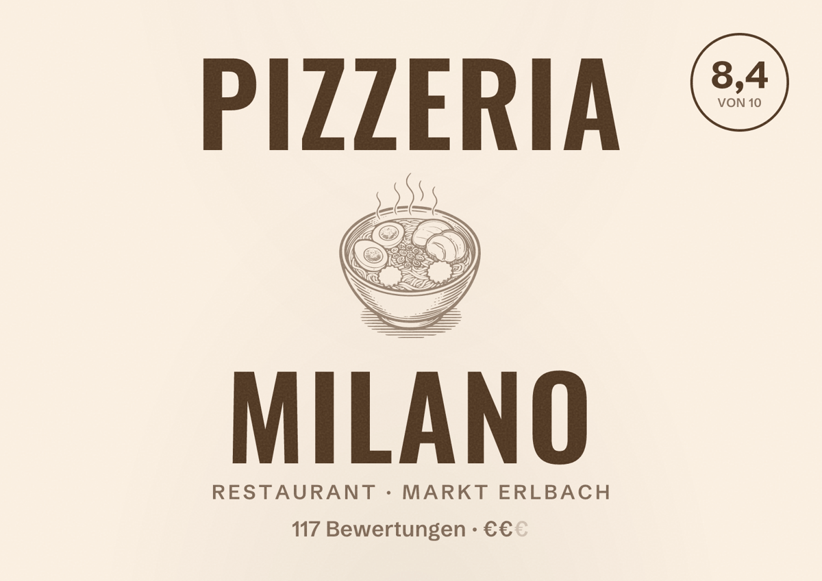 Illustriertes Poster von Pizzeria Milano, Restaurant in Markt Erlbach: Bewertung 8,4 von 10 aus 117 Bewertungen, Preisniveau €€