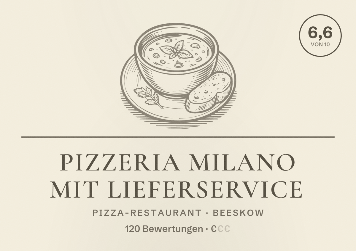 Illustriertes Poster von Pizzeria Milano mit lieferservice, Pizza-Restaurant in Beeskow: Bewertung 6,6 von 10 aus 120 Bewertungen, Preisniveau €