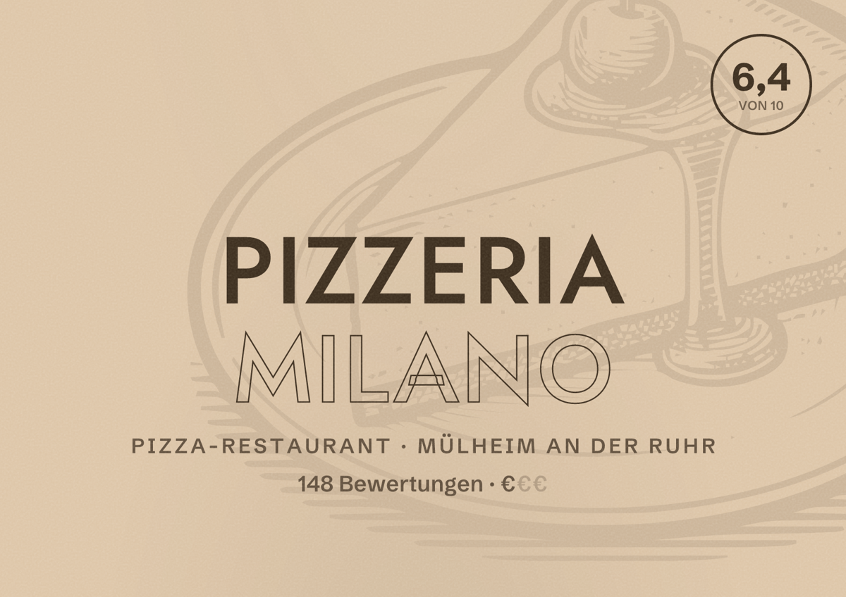 Illustriertes Poster von Pizzeria Milano, Pizza-Restaurant in Mülheim an der Ruhr: Bewertung 6,4 von 10 aus 148 Bewertungen, Preisniveau €