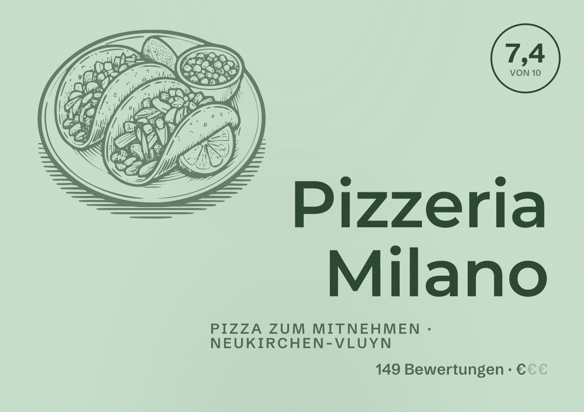 Illustriertes Poster von Pizzeria Milano, Pizza zum Mitnehmen in Neukirchen-Vluyn: Bewertung 7,4 von 10 aus 149 Bewertungen, Preisniveau €