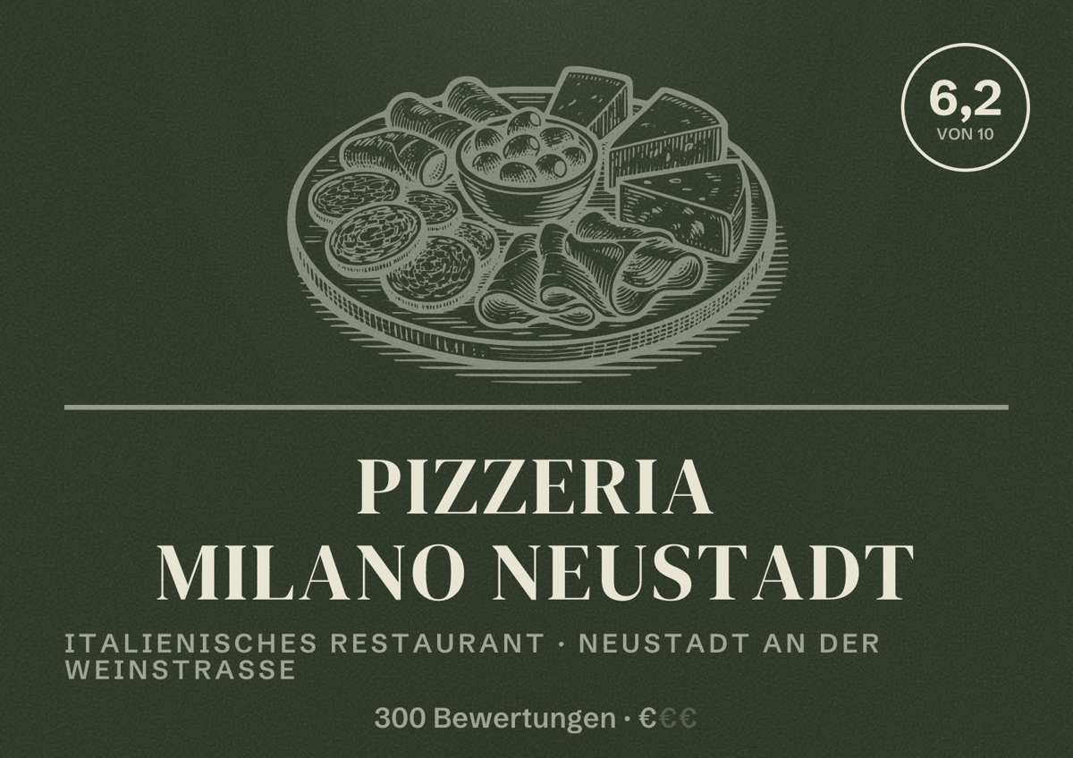 Illustriertes Poster von Pizzeria Milano Neustadt, Italienisches Restaurant in Neustadt an der Weinstraße: Bewertung 6,2 von 10 aus 300 Bewertungen, Preisniveau €
