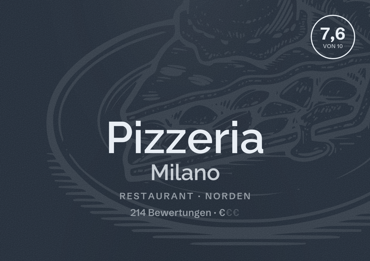 Illustriertes Poster von Pizzeria Milano, Restaurant in Norden: Bewertung 7,6 von 10 aus 214 Bewertungen, Preisniveau €