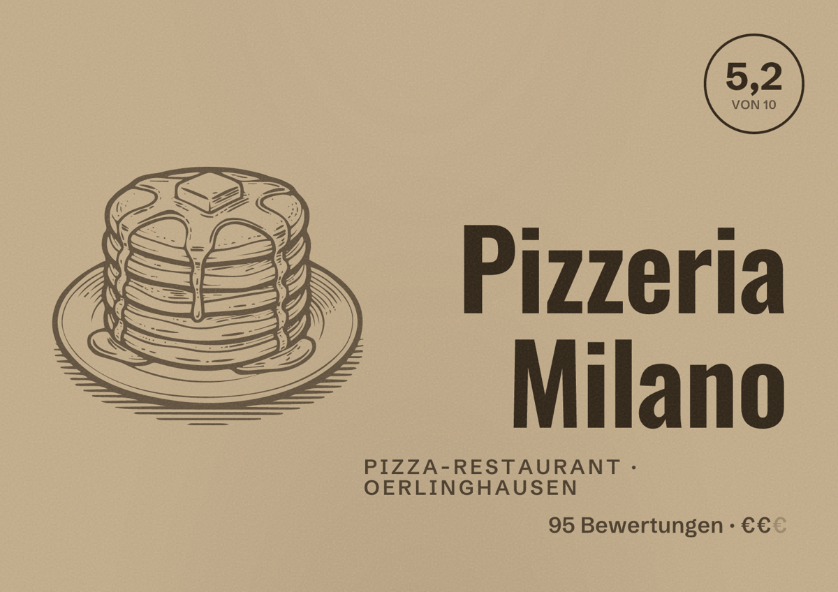 Illustriertes Poster von Pizzeria Milano, Pizza-Restaurant in Oerlinghausen: Bewertung 5,2 von 10 aus 95 Bewertungen, Preisniveau €€
