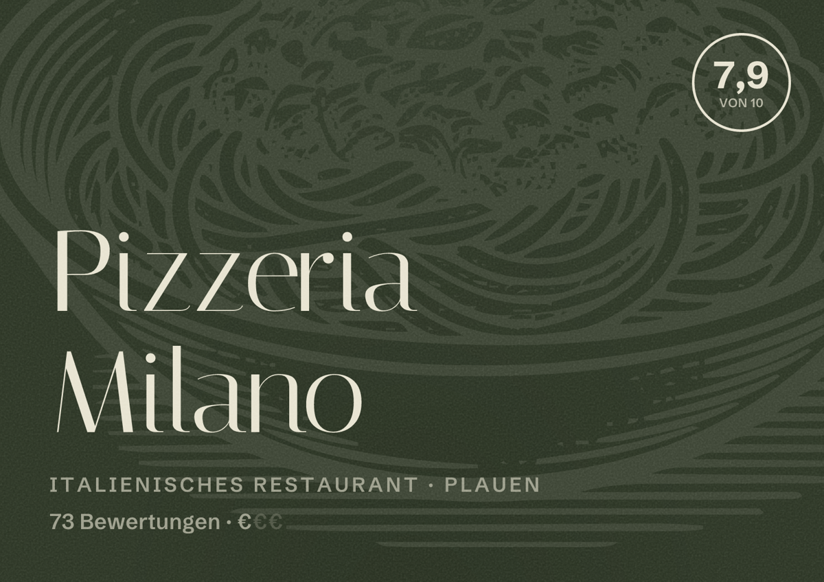 Illustriertes Poster von Pizzeria Milano, Italienisches Restaurant in Plauen: Bewertung 7,9 von 10 aus 73 Bewertungen, Preisniveau €