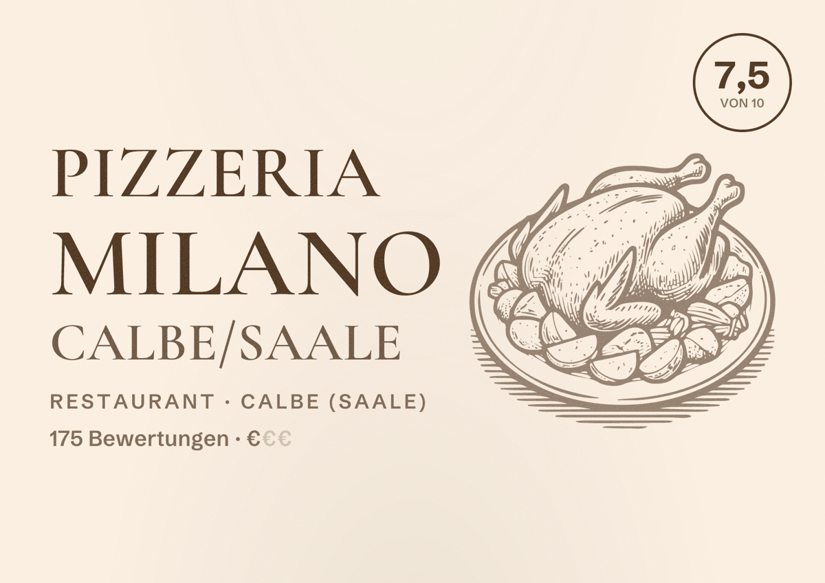 Illustriertes Poster von Pizzeria Milano Calbe/saale, Restaurant in Calbe (Saale): Bewertung 7,5 von 10 aus 175 Bewertungen, Preisniveau €