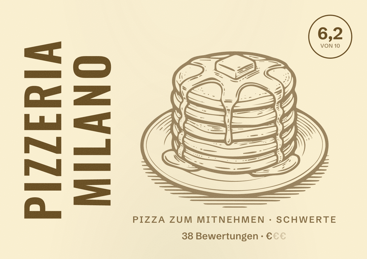 Illustriertes Poster von Pizzeria Milano, Pizza zum Mitnehmen in Schwerte: Bewertung 6,2 von 10 aus 38 Bewertungen, Preisniveau €