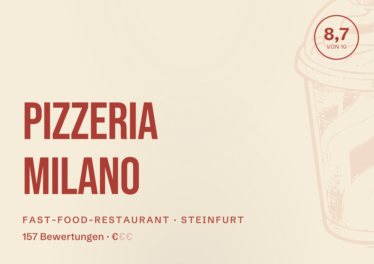 Illustriertes Poster von Pizzeria Milano, Fast-Food-Restaurant in Steinfurt: Bewertung 8,7 von 10 aus 157 Bewertungen, Preisniveau €