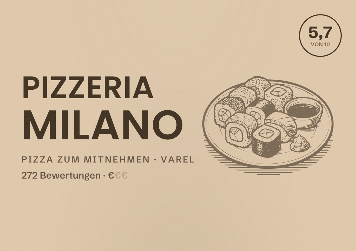 Illustriertes Poster von Pizzeria Milano, Pizza zum Mitnehmen in Varel: Bewertung 5,7 von 10 aus 272 Bewertungen, Preisniveau €