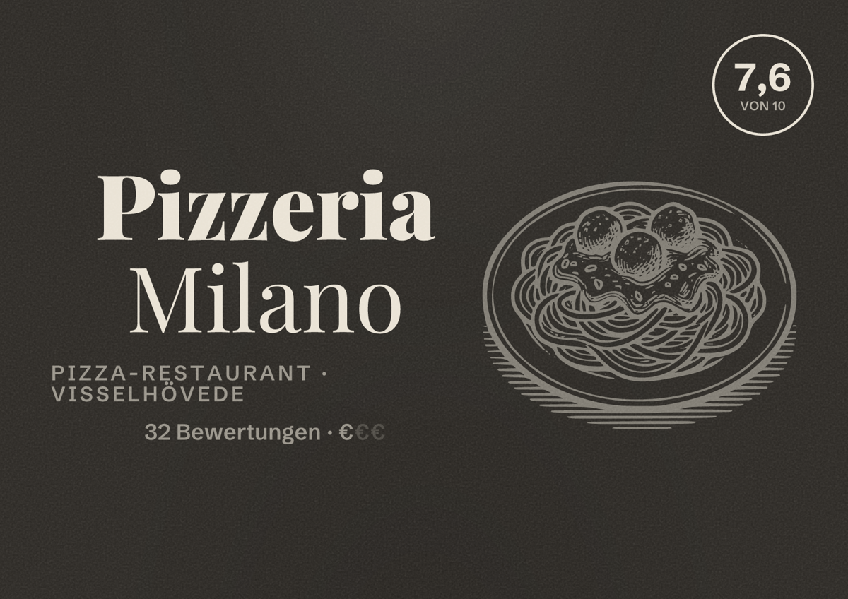 Illustriertes Poster von Pizzeria Milano, Pizza-Restaurant in Visselhövede: Bewertung 7,6 von 10 aus 32 Bewertungen, Preisniveau €