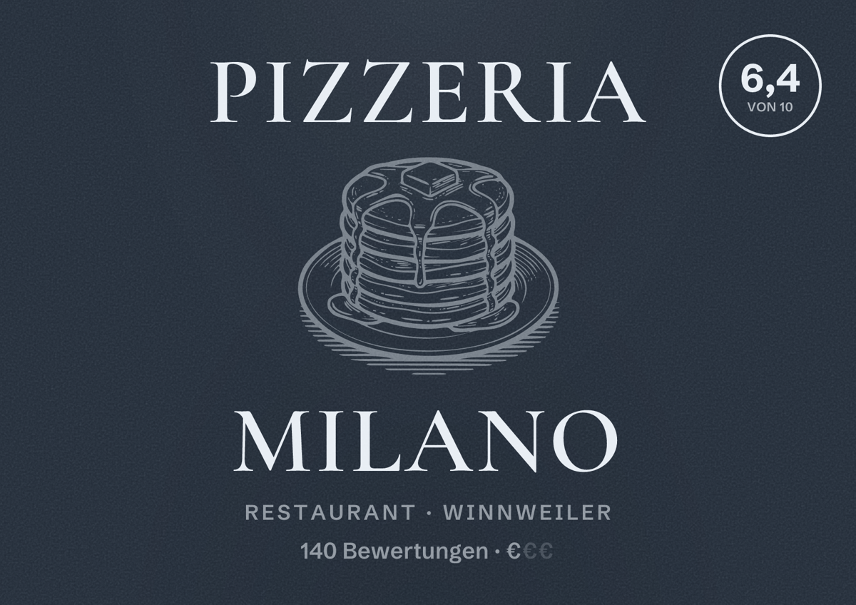 Illustriertes Poster von Pizzeria Milano, Restaurant in Winnweiler: Bewertung 6,4 von 10 aus 140 Bewertungen, Preisniveau €