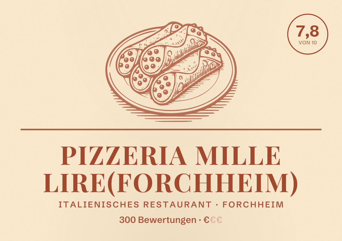 Illustriertes Poster von Pizzeria Mille Lire(Forchheim), Italienisches Restaurant in Forchheim: Bewertung 7,8 von 10 aus 300 Bewertungen, Preisniveau €