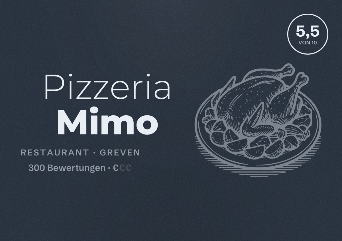 Illustriertes Poster von Pizzeria Mimo, Restaurant in Greven: Bewertung 5,5 von 10 aus 300 Bewertungen, Preisniveau €