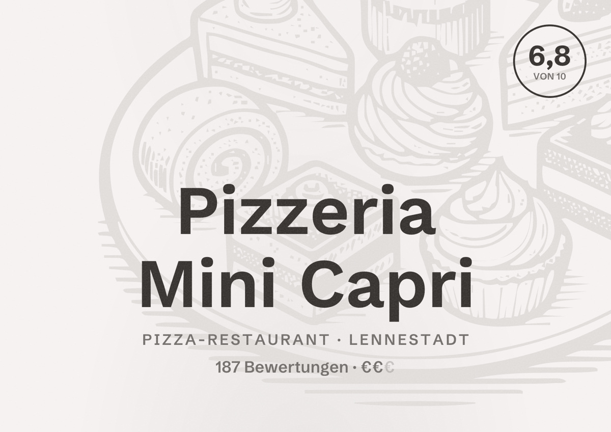 Illustriertes Poster von Pizzeria Mini Capri, Pizza-Restaurant in Lennestadt: Bewertung 6,8 von 10 aus 187 Bewertungen, Preisniveau €€