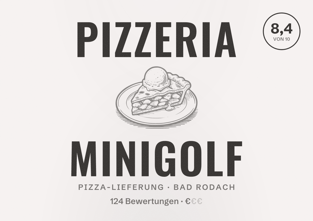 Illustriertes Poster von Pizzeria Minigolf, Pizza-Lieferung in Bad Rodach: Bewertung 8,4 von 10 aus 124 Bewertungen, Preisniveau €
