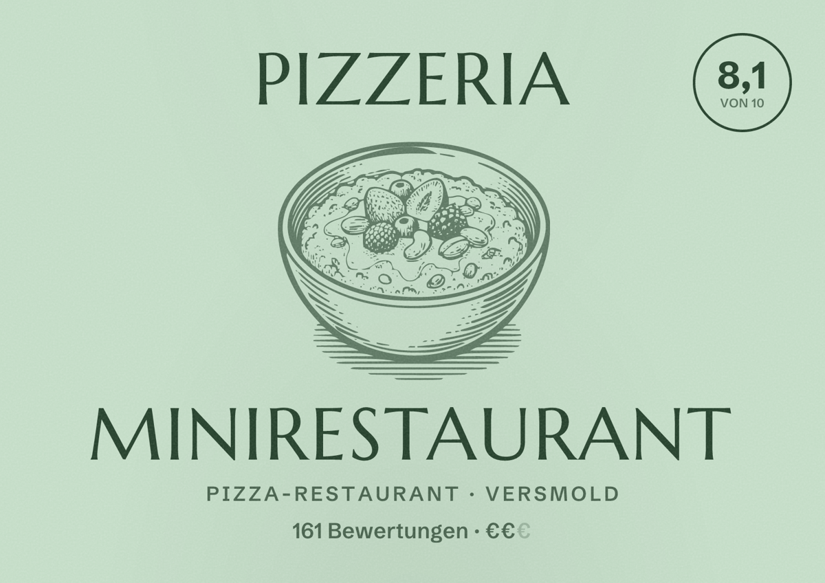 Illustriertes Poster von Pizzeria Minirestaurant, Pizza-Restaurant in Versmold: Bewertung 8,1 von 10 aus 161 Bewertungen, Preisniveau €€