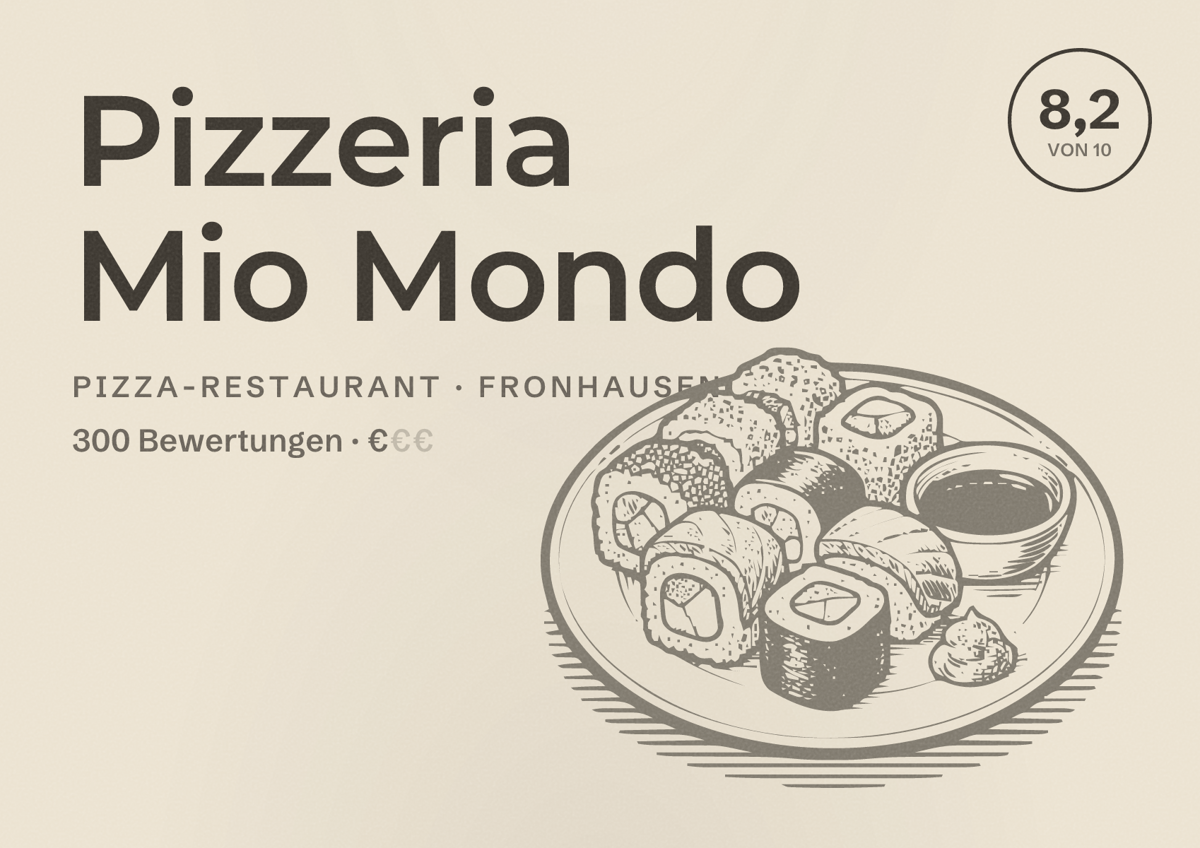 Illustriertes Poster von Pizzeria Mio Mondo, Pizza-Restaurant in Fronhausen: Bewertung 8,2 von 10 aus 300 Bewertungen, Preisniveau €
