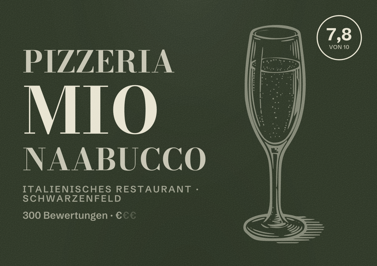 Illustriertes Poster von Pizzeria Mio Naabucco, Italienisches Restaurant in Schwarzenfeld: Bewertung 7,8 von 10 aus 300 Bewertungen, Preisniveau €