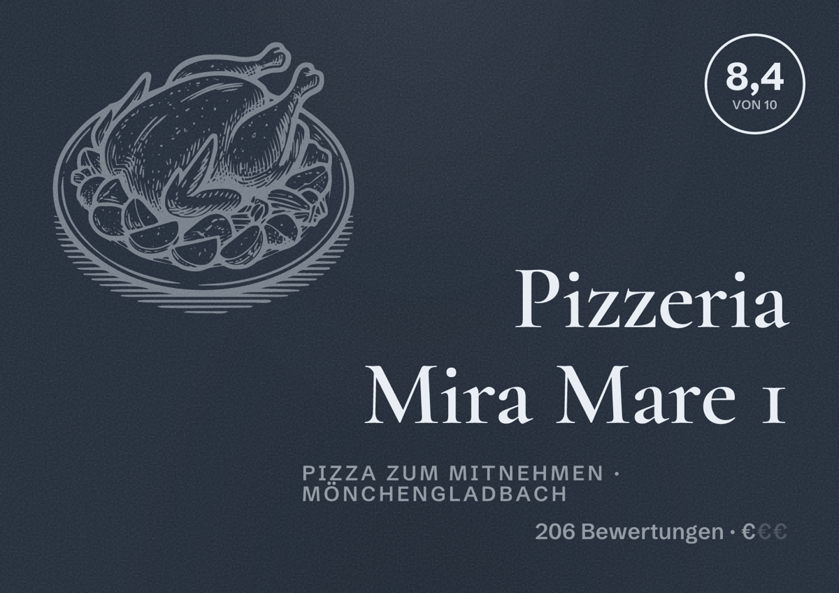 Illustriertes Poster von Pizzeria Mira Mare 1, Pizza zum Mitnehmen in Mönchengladbach: Bewertung 8,4 von 10 aus 206 Bewertungen, Preisniveau €
