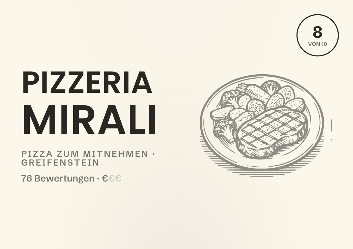 Illustriertes Poster von Pizzeria Mirali, Pizza zum Mitnehmen in Greifenstein: Bewertung 8 von 10 aus 76 Bewertungen, Preisniveau €