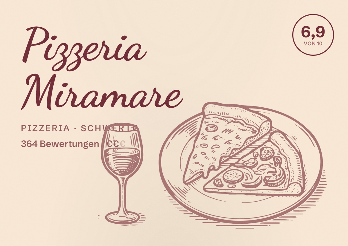 Illustriertes Poster von Pizzeria Miramare, Pizzeria in Schwerte: Bewertung 6,9 von 10 aus 364 Bewertungen, Preisniveau €€