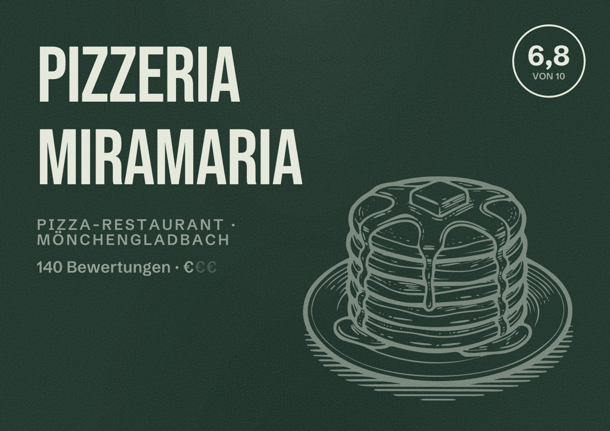 Illustriertes Poster von Pizzeria Miramaria, Pizza-Restaurant in Mönchengladbach: Bewertung 6,8 von 10 aus 140 Bewertungen, Preisniveau €