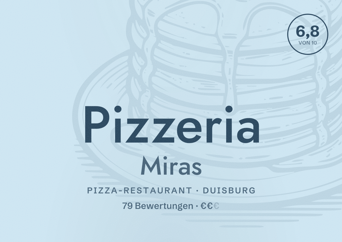 Illustriertes Poster von Pizzeria Miras, Pizza-Restaurant in Duisburg: Bewertung 6,8 von 10 aus 79 Bewertungen, Preisniveau €€