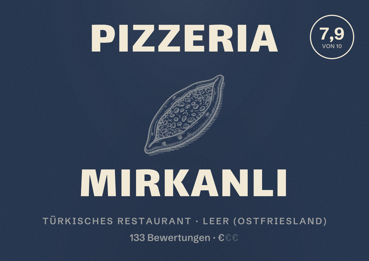 Illustriertes Poster von Pızzeria Mirkanli, Türkisches Restaurant in Leer (Ostfriesland): Bewertung 7,9 von 10 aus 133 Bewertungen, Preisniveau €